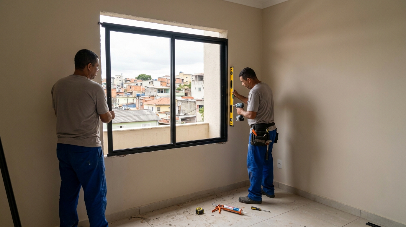 Esquadria de alumínio em quarto bege em Betim-MG