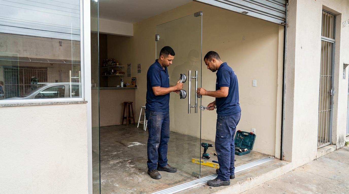 Dupla instalando porta de vidro em loja em Betim-MG